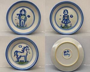 M.A. Hadley Pottery 3 Pc Dinner Plate Set 11” Farmer Wife Horse Blue Folk Art